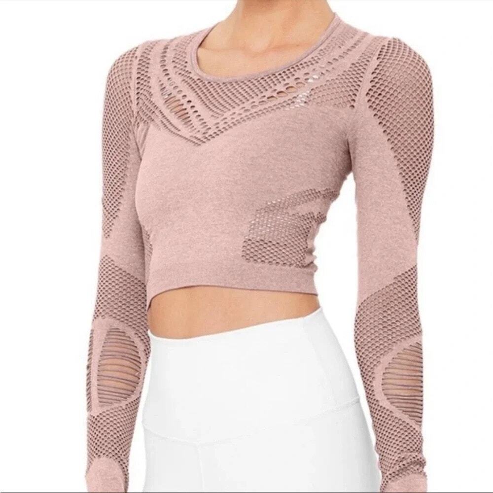 Alo Yoga Siren Crop Top SIZE S Dusty Pink Long Sleeve Cutout Performance